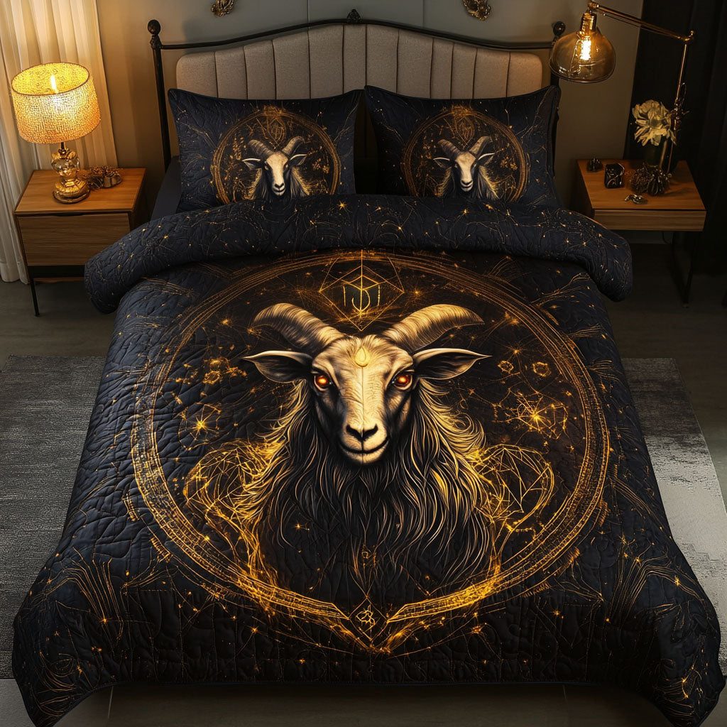 Mystic Capricorn quilted 3-piece bedding set on a made bed with two matching pillow shams