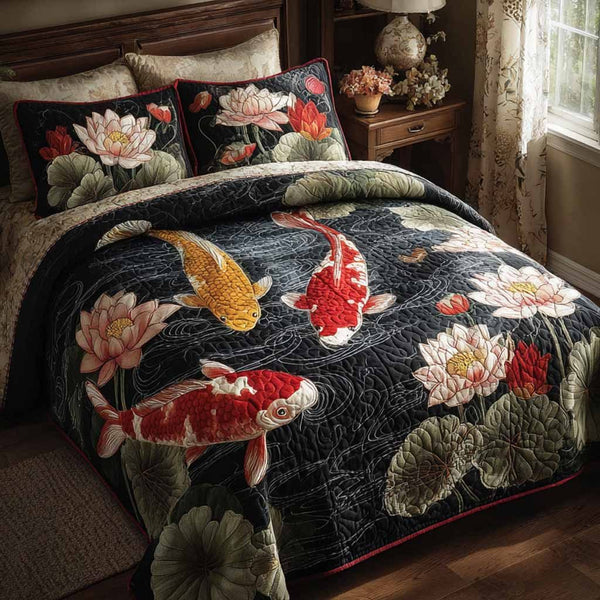 Mystic Carp quilted 3-piece bedding set on a made bed with two matching pillow shams
