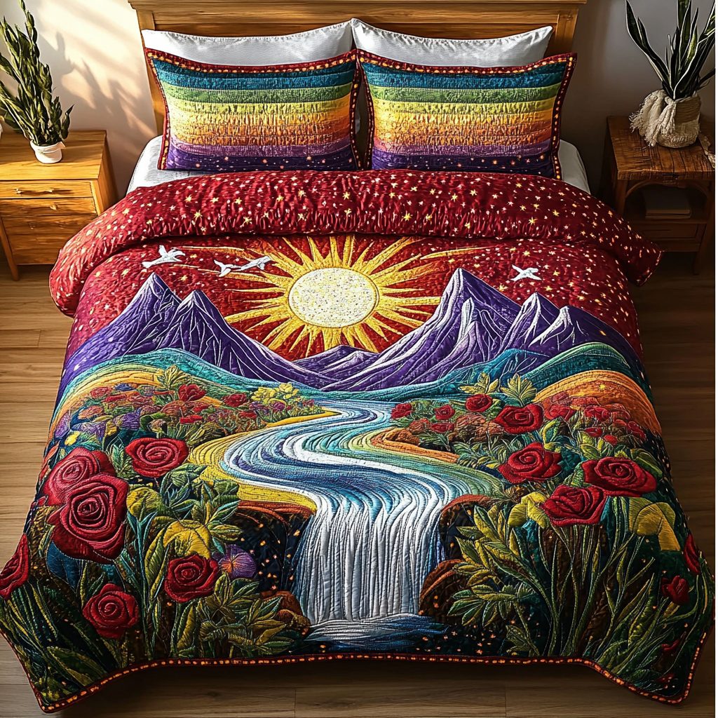 Mystic Cascade quilted 3-piece bedding set on a made bed with two matching pillow shams