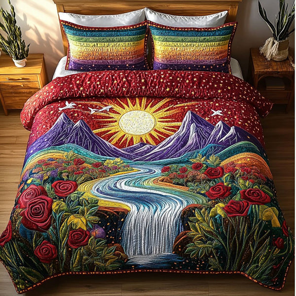 Mystic Cascade quilted 3-piece bedding set on a made bed with two matching pillow shams