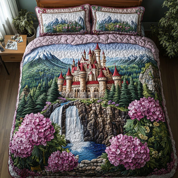 Mystic Castle quilted 3-piece bedding set on a made bed with two matching pillow shams