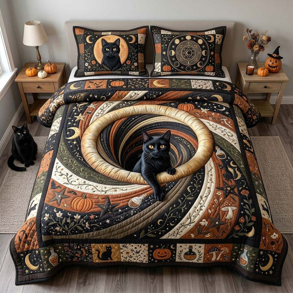 Mystic Cat Hollow quilted 3-piece bedding set on a made bed with two matching pillow shams