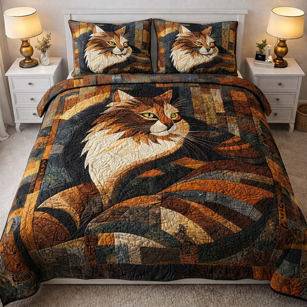 Mystic Cat quilted 3-piece bedding set on a made bed with two matching pillow shams