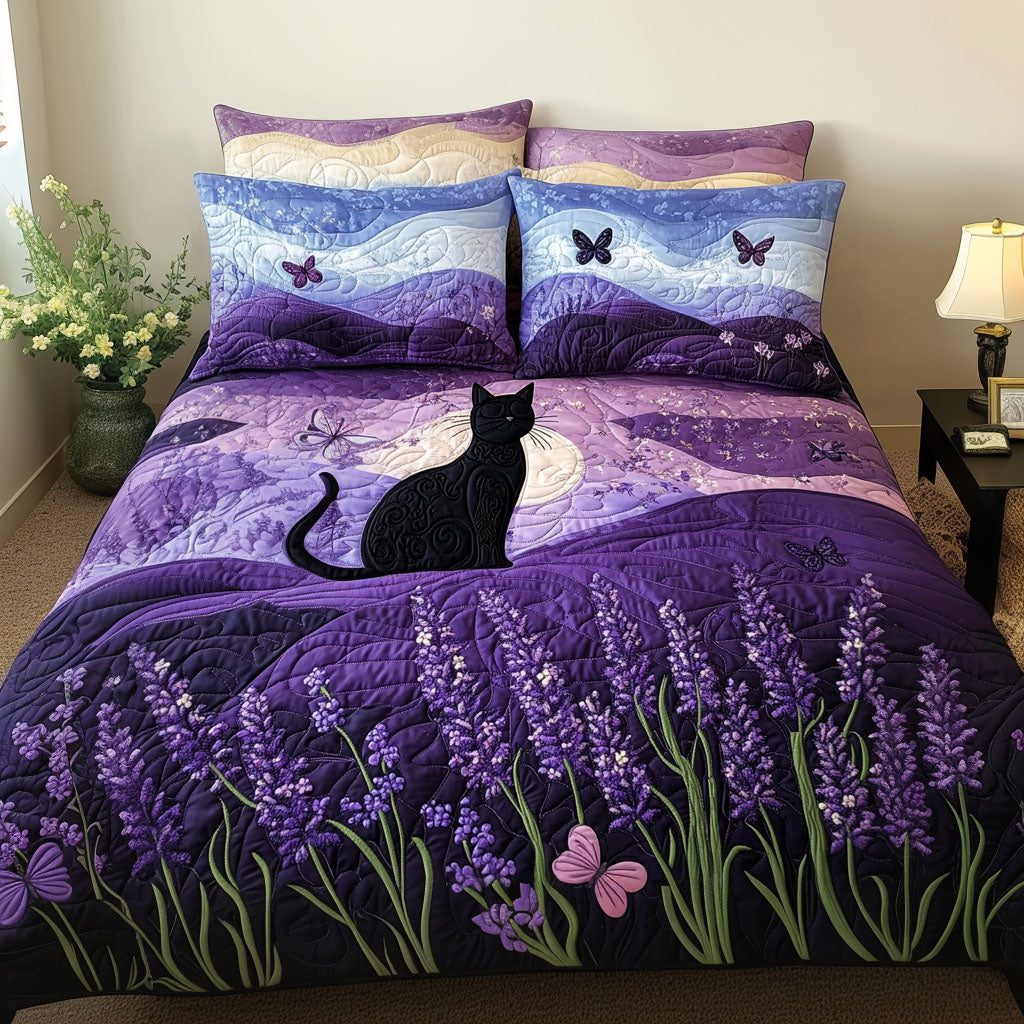 Mystic Cat quilted 3-piece bedding set on a made bed with two matching pillow shams