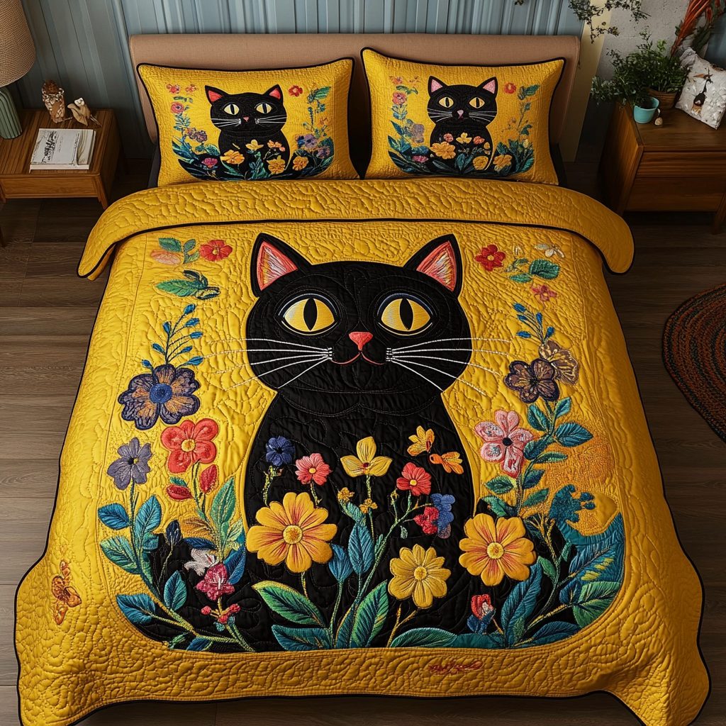 Mystic Cat quilted 3-piece bedding set on a made bed with two matching pillow shams