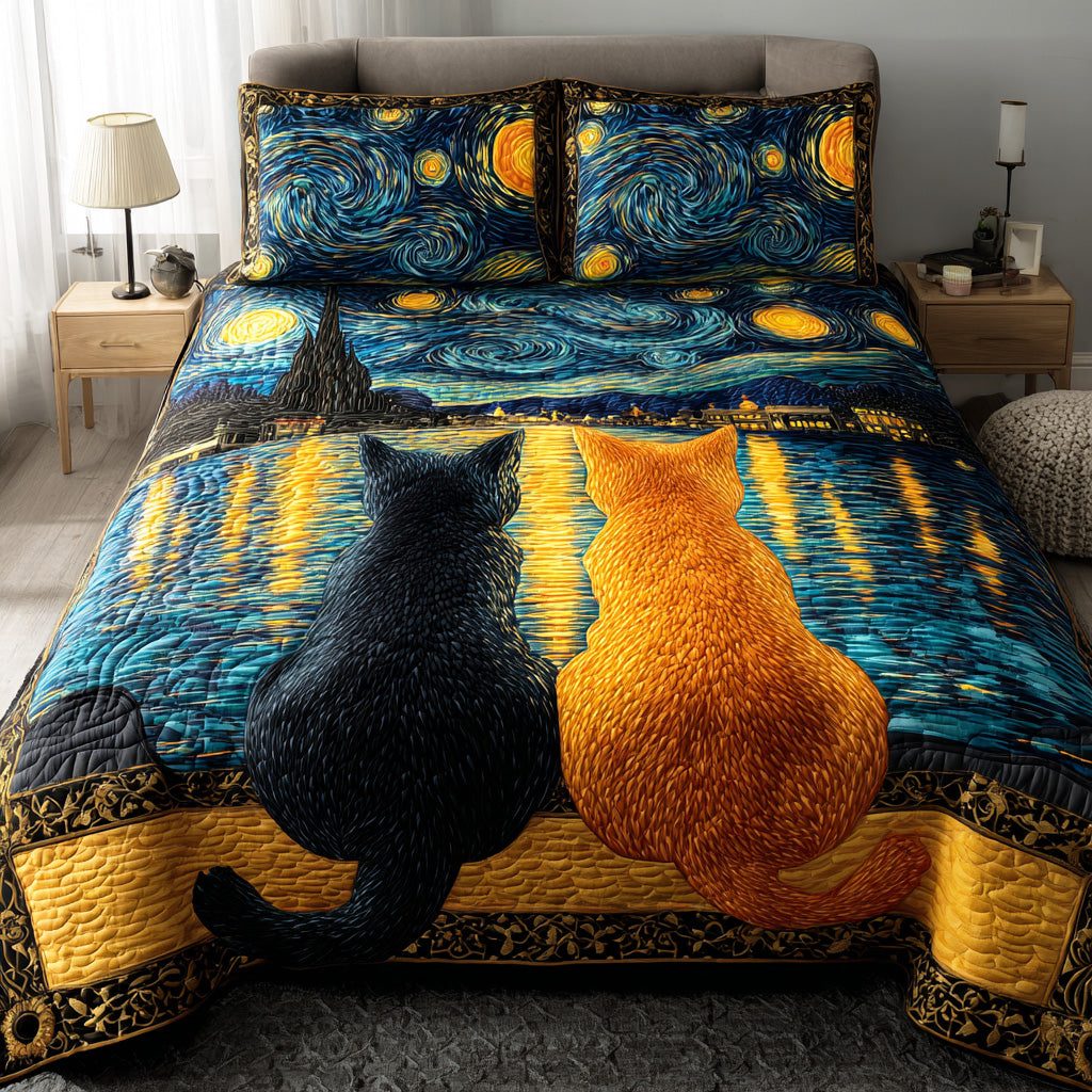 Mystic Cat Twilight quilted 3-piece bedding set on a made bed with two matching pillow shams