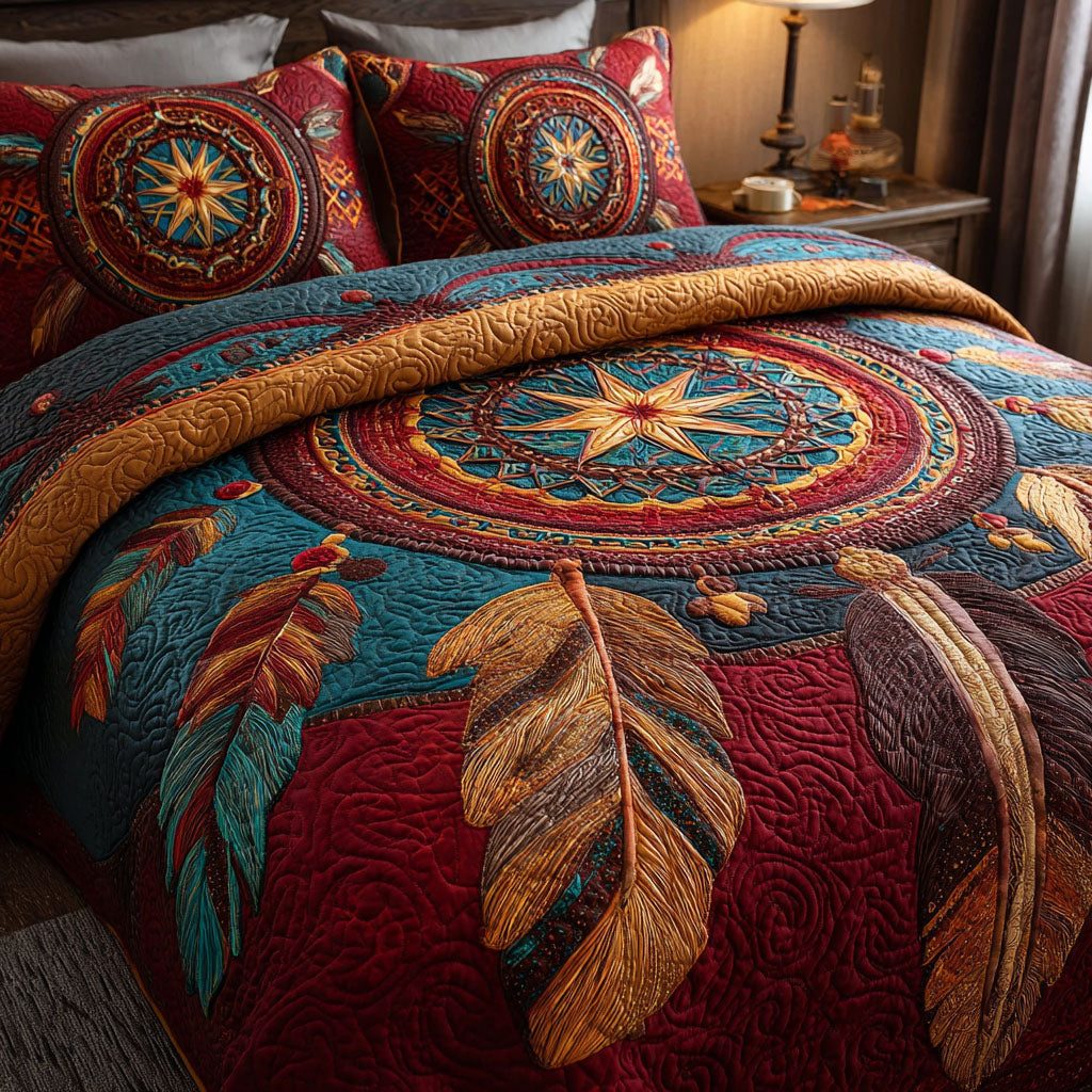 Mystic Circle quilted 3-piece bedding set on a made bed with two matching pillow shams