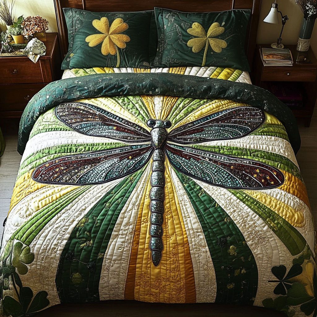 Mystic Clover Breeze quilted 3-piece bedding set on a made bed with two matching pillow shams