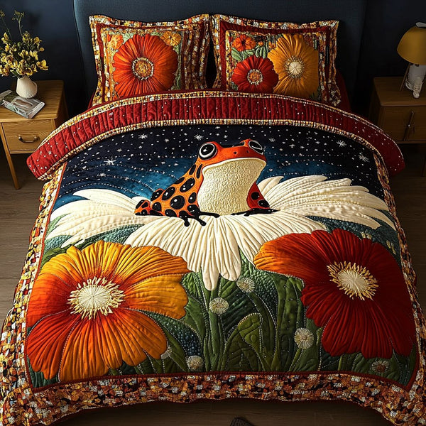 Mystic Croak quilted 3-piece bedding set on a made bed with two matching pillow shams