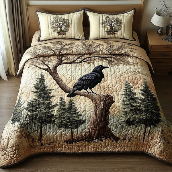 Mystic Crow quilted 3-piece bedding set on a made bed with two matching pillow shams