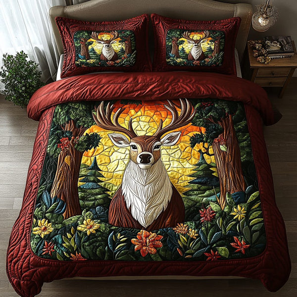 Mystic Deer quilted 3-piece bedding set on a made bed with two matching pillow shams