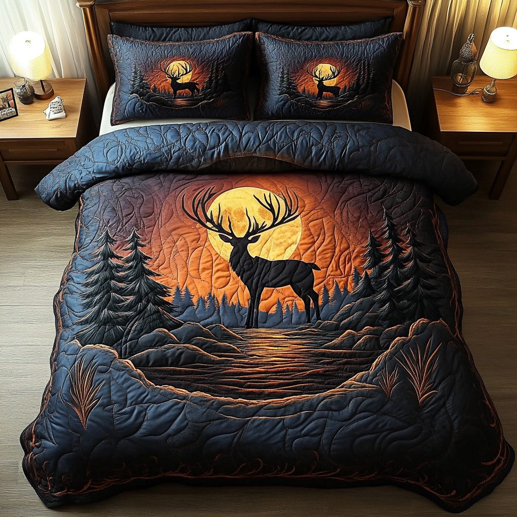 Mystic Deer quilted 3-piece bedding set on a made bed with two matching pillow shams