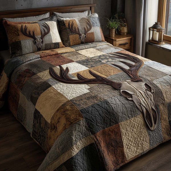 Mystic Deer Skull quilted 3-piece bedding set on a made bed against a dark styled interior