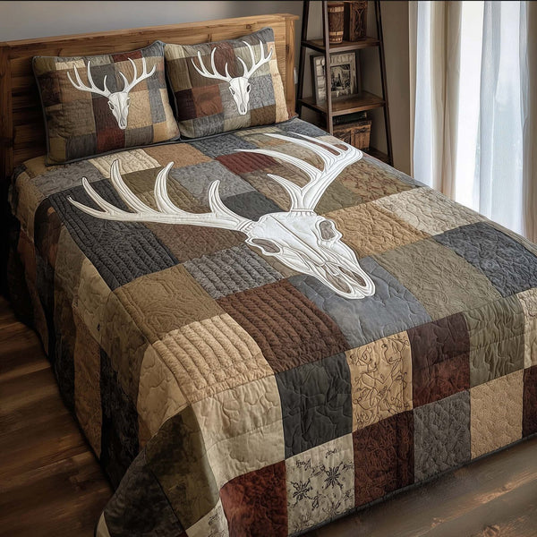 Mystic Deer Skull quilted 3-piece bedding set on a made bed against a dark styled interior