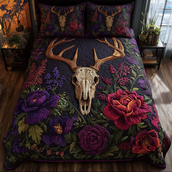 Mystic Deer Skull quilted 3-piece bedding set on a made bed against a dark styled interior