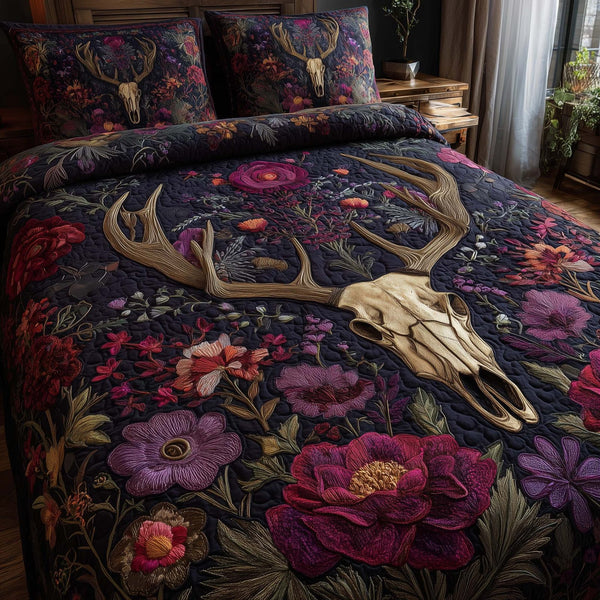Mystic Deer Skull quilted 3-piece bedding set on a made bed against a dark styled interior