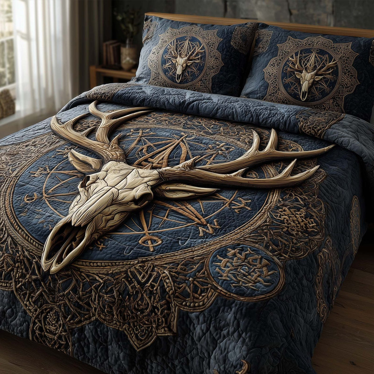 Mystic Deer Skull quilted 3-piece bedding set on a made bed against a dark styled interior