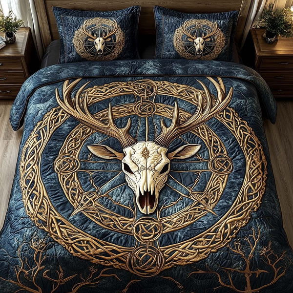 Mystic Deer Skull quilted 3-piece bedding set on a made bed against a dark styled interior