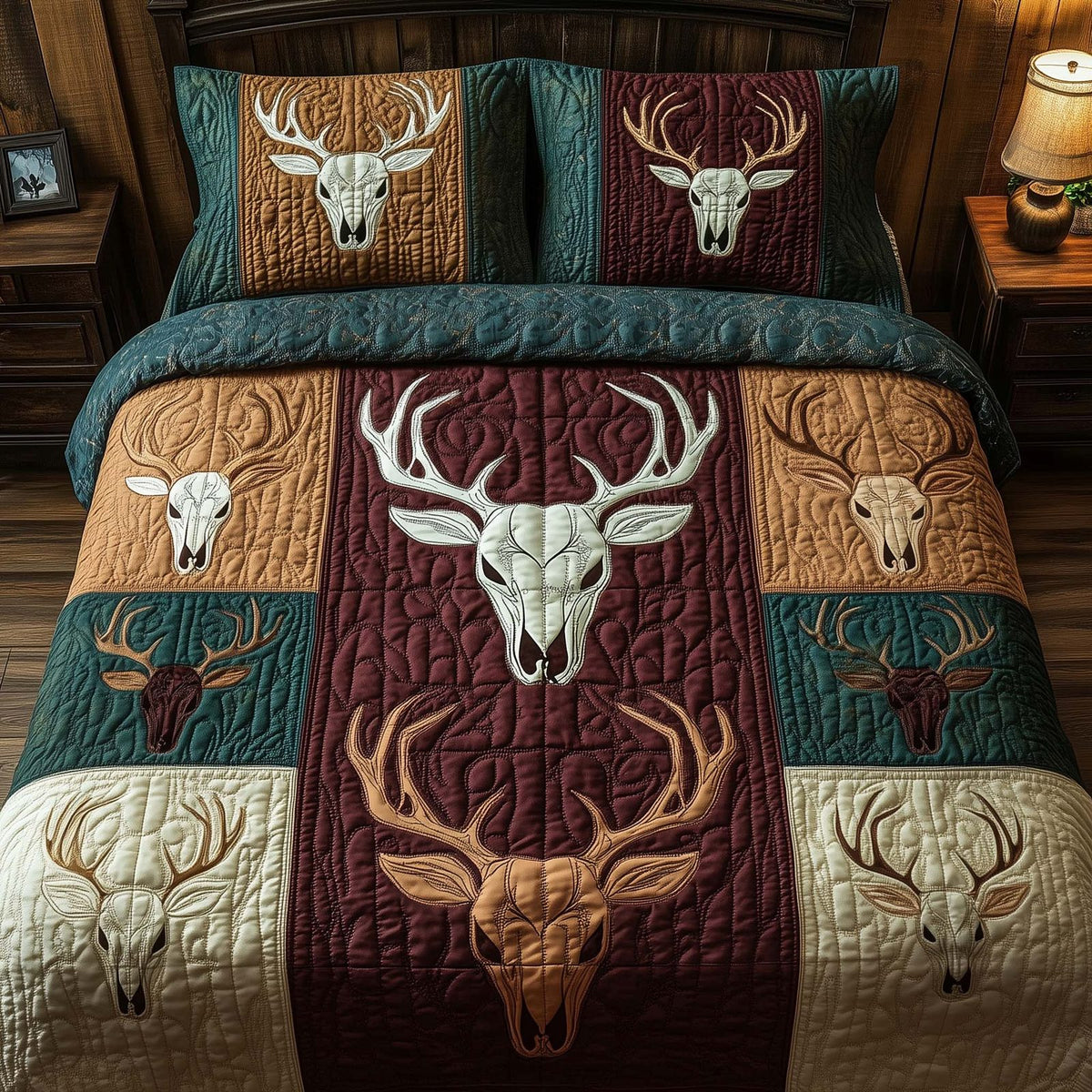 Mystic Deer Skull quilted 3-piece bedding set on a made bed against a dark styled interior