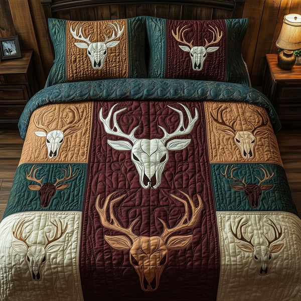 Mystic Deer Skull quilted 3-piece bedding set on a made bed against a dark styled interior