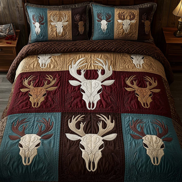 Mystic Deer Skull quilted 3-piece bedding set on a made bed against a dark styled interior