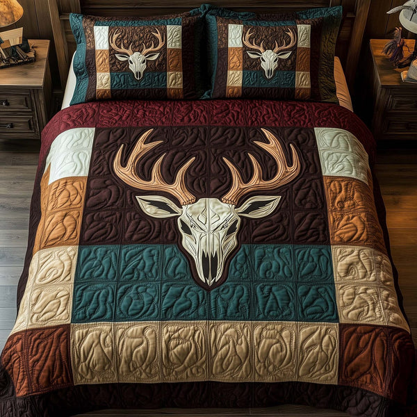 Mystic Deer Skull quilted 3-piece bedding set on a made bed against a dark styled interior