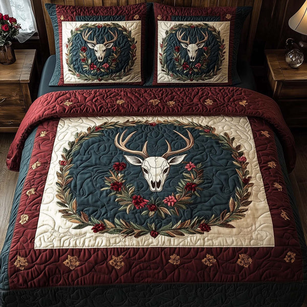 Mystic Deer Skull quilted 3-piece bedding set on a made bed against a dark styled interior
