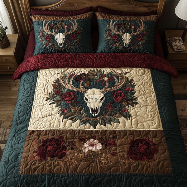 Mystic Deer Skull quilted 3-piece bedding set on a made bed against a dark styled interior