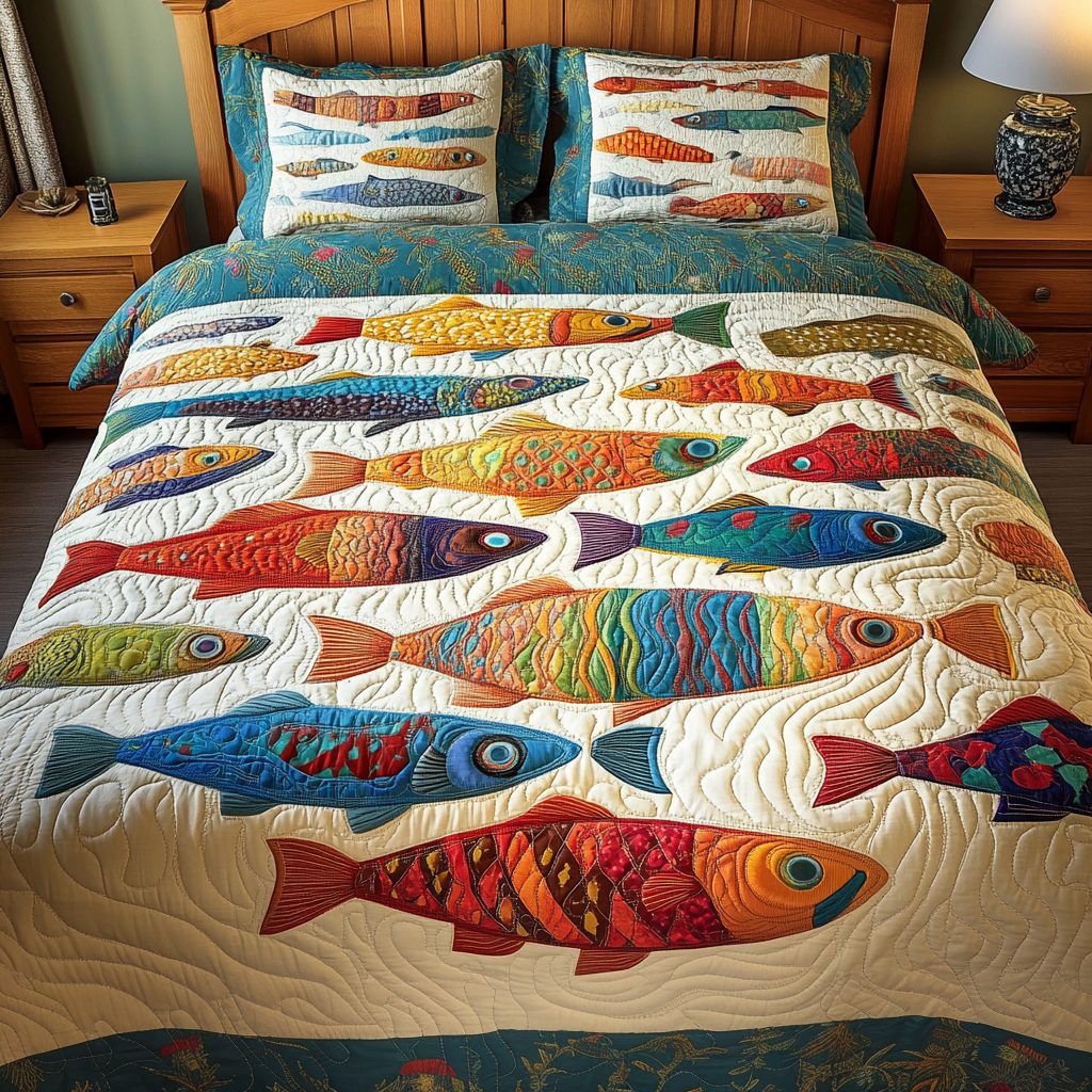 Mystic Depths quilted 3-piece bedding set on a made bed with two matching pillow shams