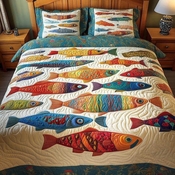 Mystic Depths quilted 3-piece bedding set on a made bed with two matching pillow shams