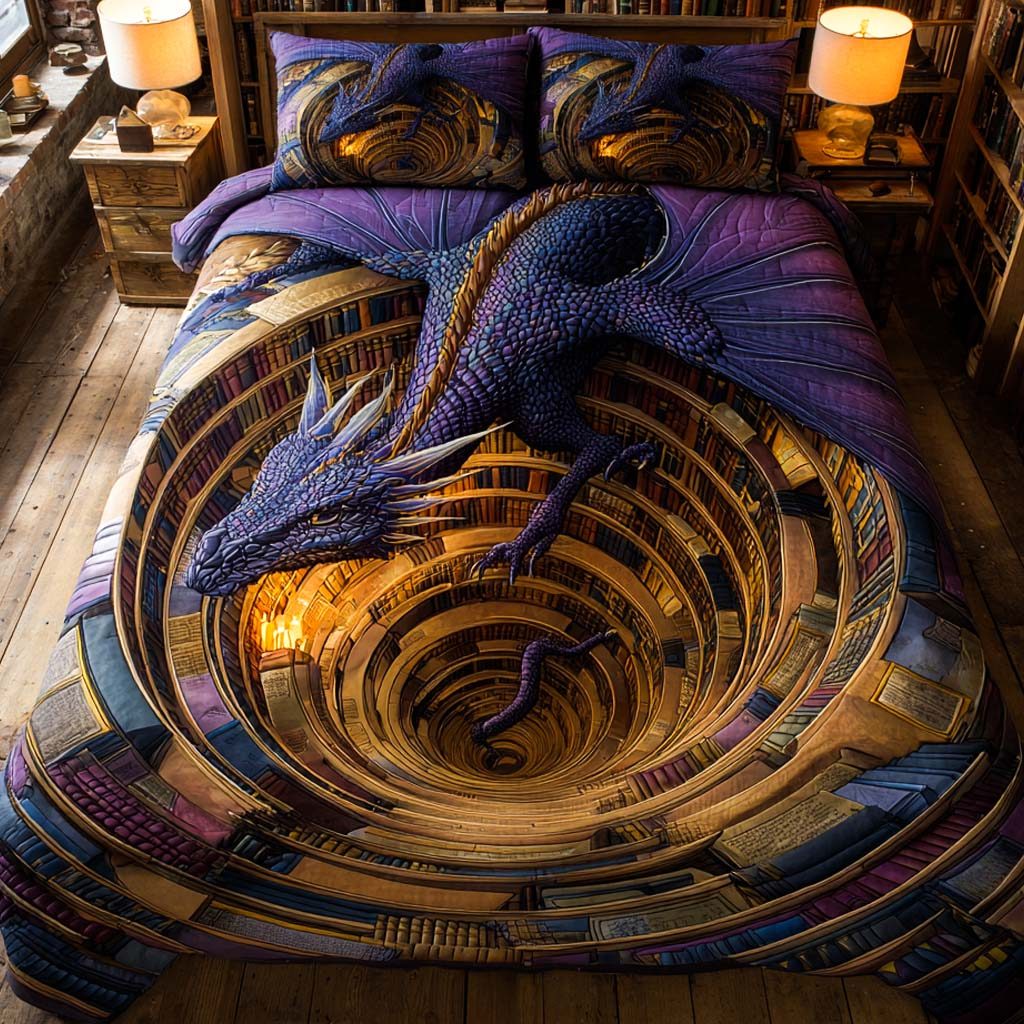 Mystic Descent quilted 3-piece bedding set on a made bed with two matching pillow shams