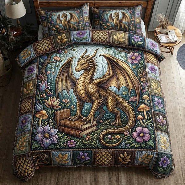 Mystic Dragon Garden quilted 3-piece bedding set on a made bed with two matching pillow shams
