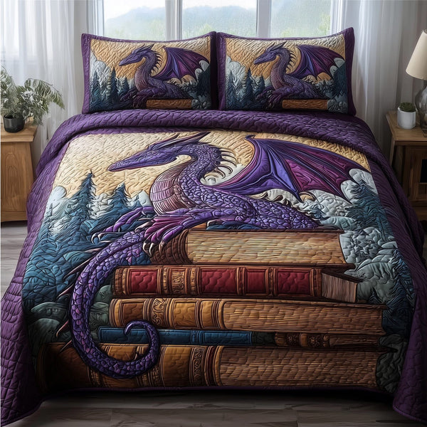 Mystic Dragon quilted 3-piece bedding set on a made bed with two matching pillow shams
