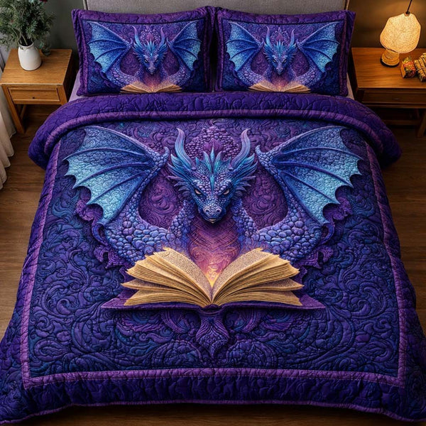 Mystic Dragon quilted 3-piece bedding set on a made bed with two matching pillow shams