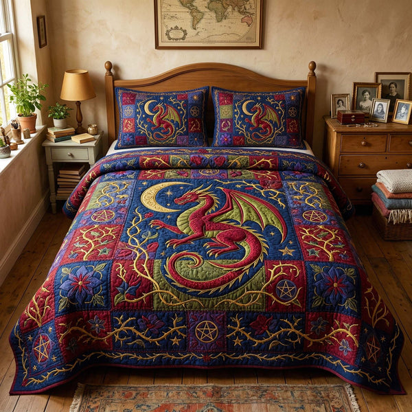 Mystic Dragon quilted 3-piece bedding set on a made bed with two matching pillow shams