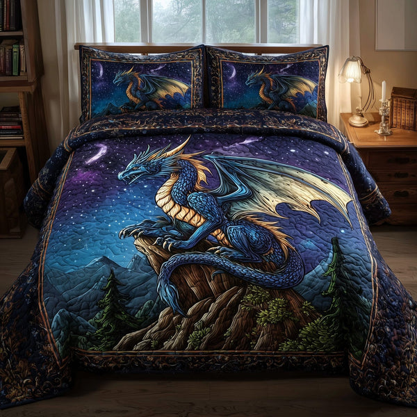 Mystic Dragon quilted 3-piece bedding set on a made bed with two matching pillow shams