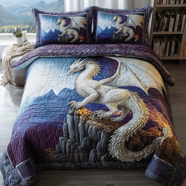 Mystic Dragon quilted 3-piece bedding set on a made bed with two matching pillow shams