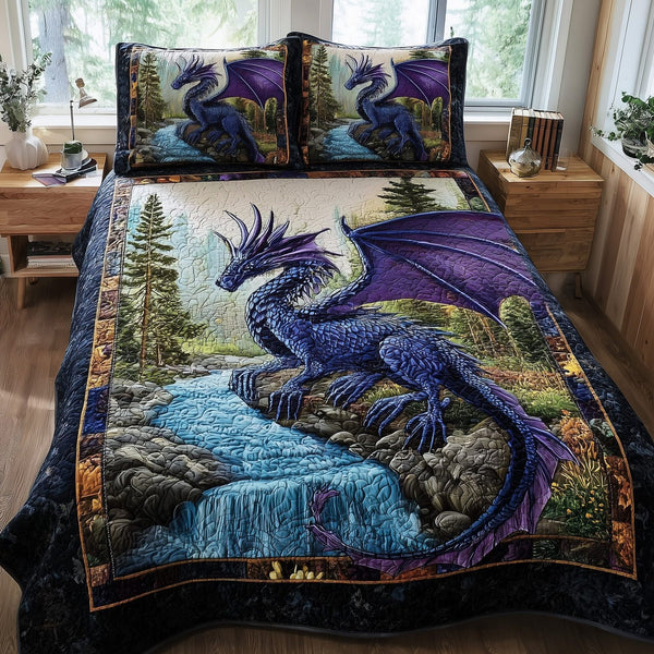 Mystic Dragon quilted 3-piece bedding set on a made bed with two matching pillow shams
