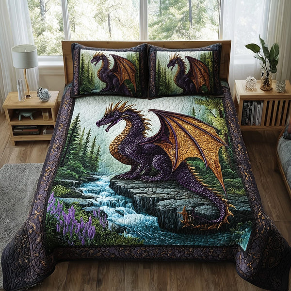 Mystic Dragon quilted 3-piece bedding set on a made bed with two matching pillow shams