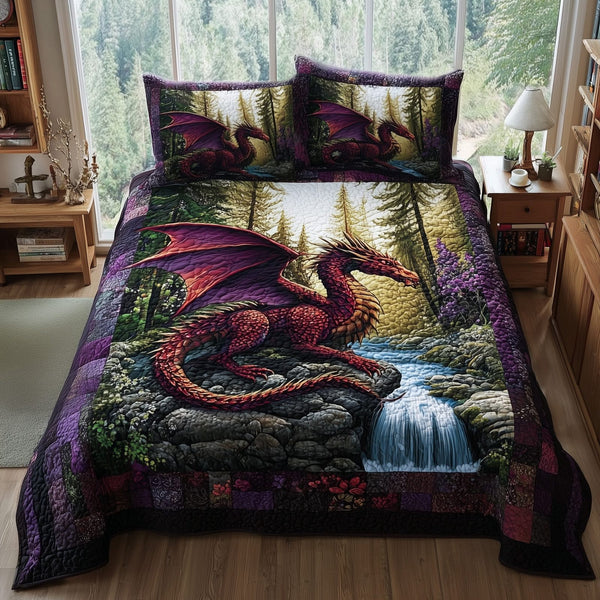 Mystic Dragon quilted 3-piece bedding set on a made bed with two matching pillow shams