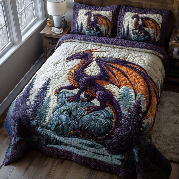 Mystic Dragon quilted 3-piece bedding set on a made bed with two matching pillow shams