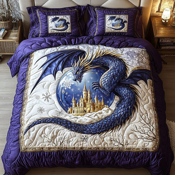 Mystic Dragon quilted 3-piece bedding set on a made bed with two matching pillow shams