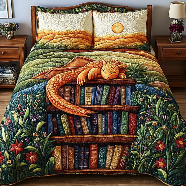 Mystic Dragon quilted 3-piece bedding set on a made bed with two matching pillow shams