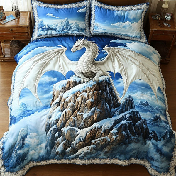 Mystic Dragon quilted 3-piece bedding set on a made bed with two matching pillow shams