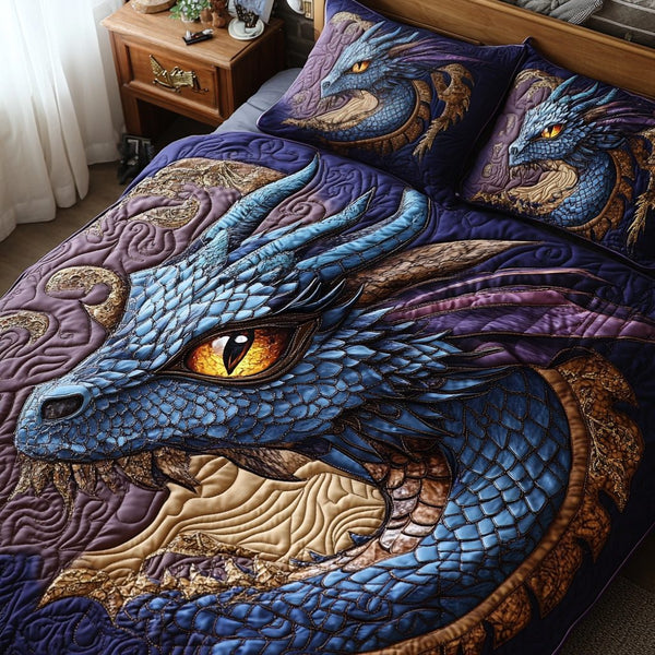 Mystic Dragon quilted 3-piece bedding set on a made bed with two matching pillow shams