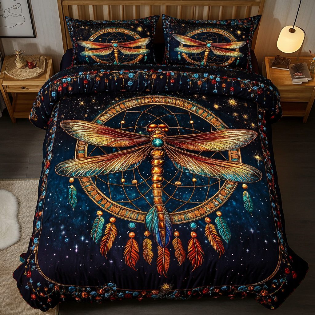 Mystic Dragonfly Night quilted 3-piece bedding set on a made bed with two matching pillow shams