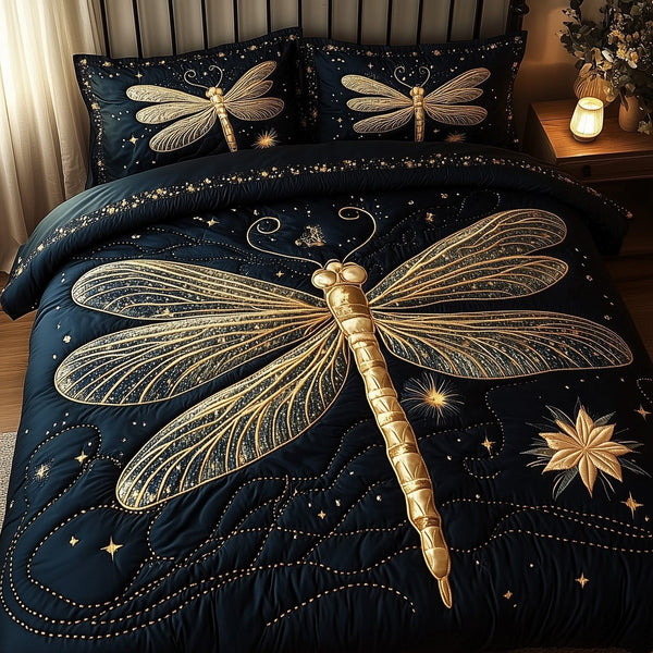 Mystic Dragonfly quilted 3-piece bedding set on a made bed with two matching pillow shams
