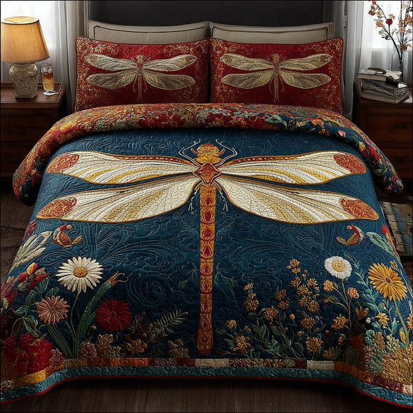 Mystic Dragonfly quilted 3-piece bedding set on a made bed with two matching pillow shams
