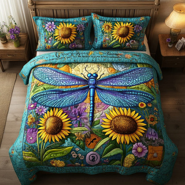 Mystic Dragonfly quilted 3-piece bedding set on a made bed with two matching pillow shams