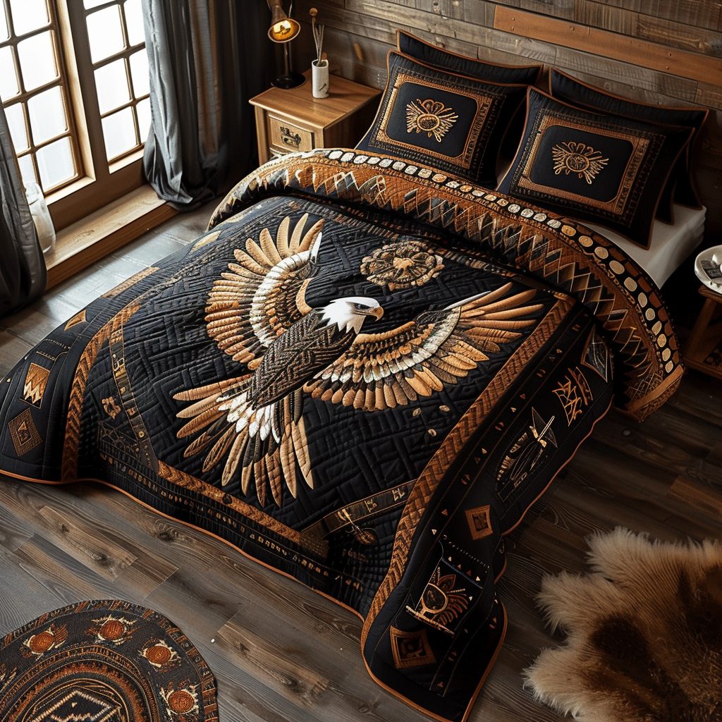 Mystic Eagle quilted 3-piece bedding set on a made bed in a warmly lit bedroom